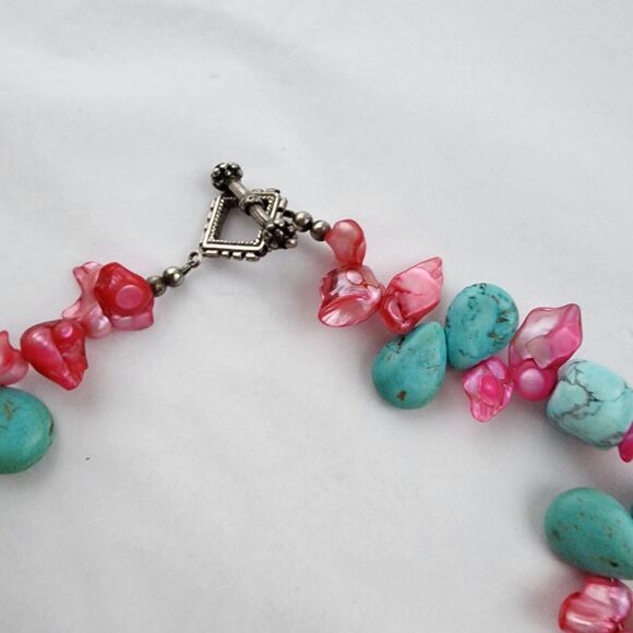 Hand Made Artisan Genuine Turquoise Blue Stone  Pink Baroque Pearls 18" NECKLACE - Picture 6 of 10